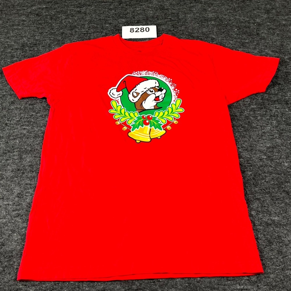 Buc-ees T Shirt Mens Small Red Christmas Graphic Print Cotton Crew Neck Casual